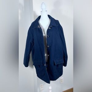 Liz Claiborne Woman’s  Navy Blue Canvas Coat. Royal Blue Quilted Lining.  EXC.